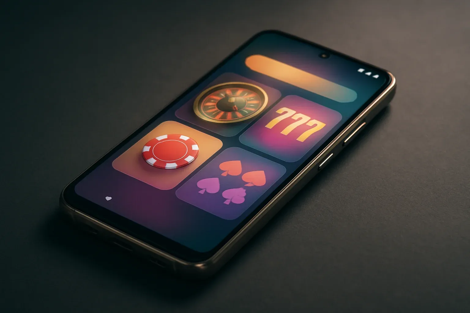 Sleek Android smartphone displaying colorful glowing casino-style app interface