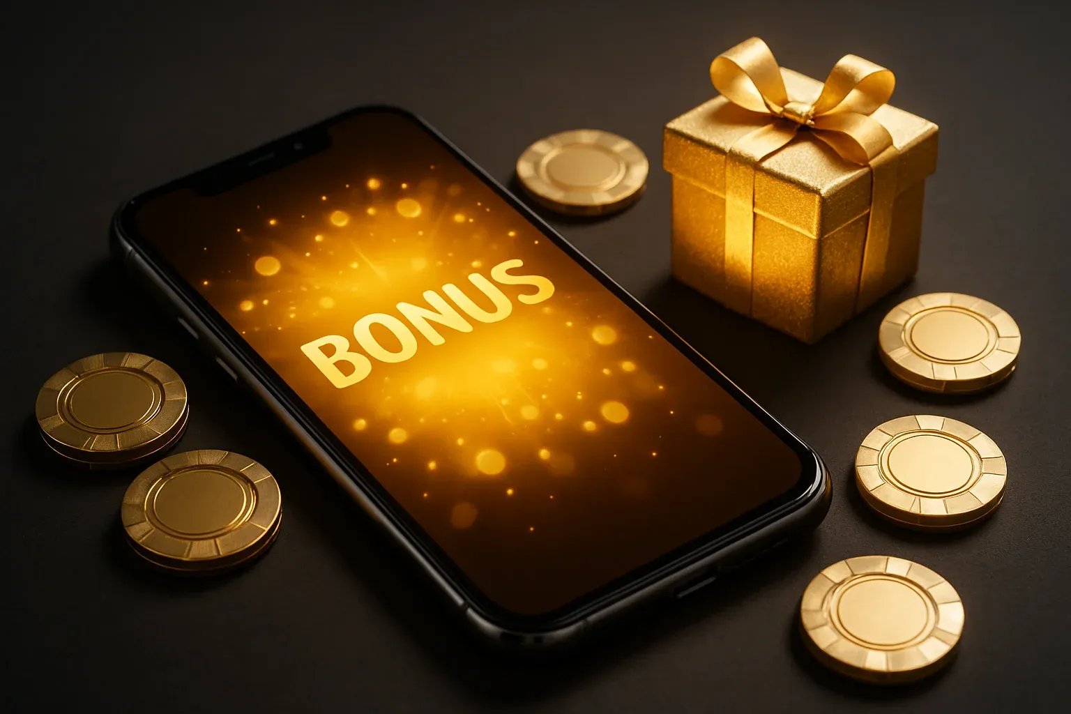Sleek smartphone with golden casino chips and glowing gift box