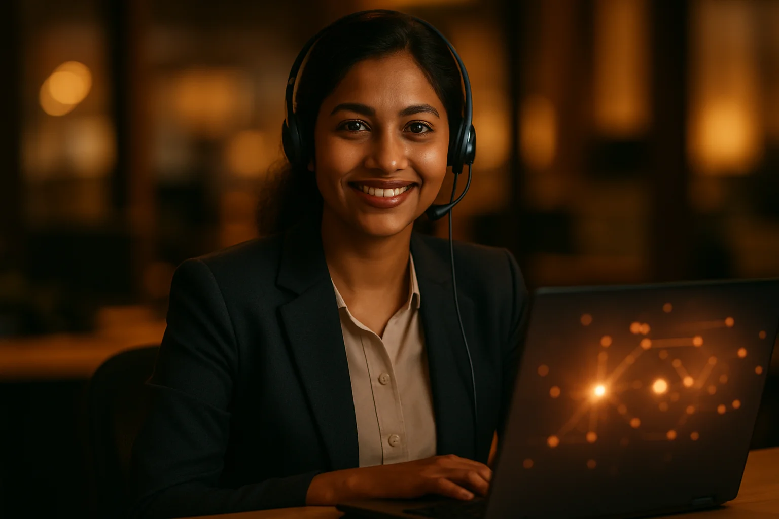 Smiling Bangladeshi customer service representative at desk with laptop in warm office
