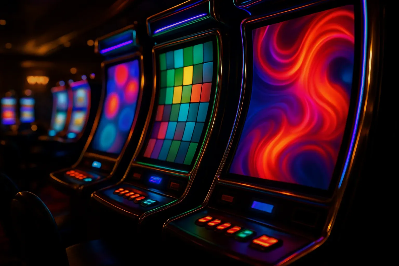 Colorful slot machine screens glowing in a dark neon casino lounge