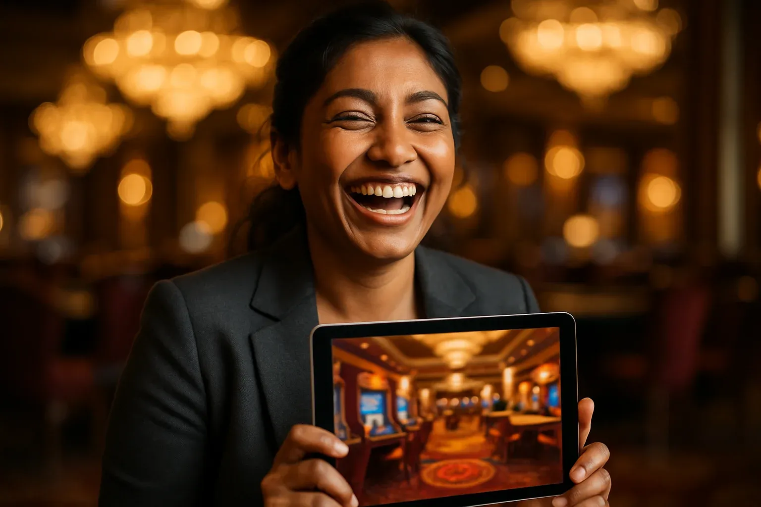 Happy Bangladeshi woman in blazer holding tablet with blurred casino lobby screen