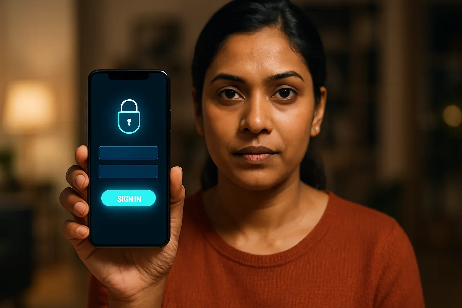 Bangladeshi woman holding smartphone showing stylised login screen indoors