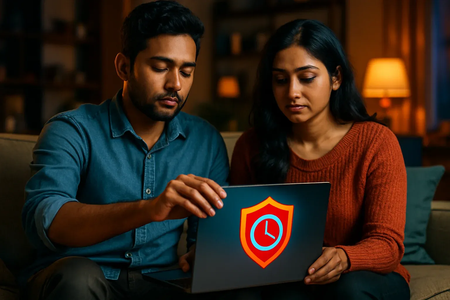Young Bangladeshi couple calmly closing laptop, mindful responsible gambling decision