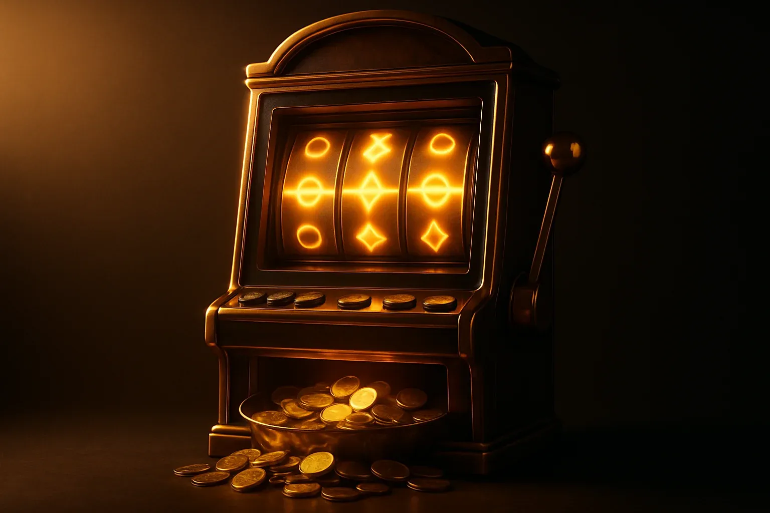 Ultra-realistic ornate slot machine with glowing reels and coins spilling out